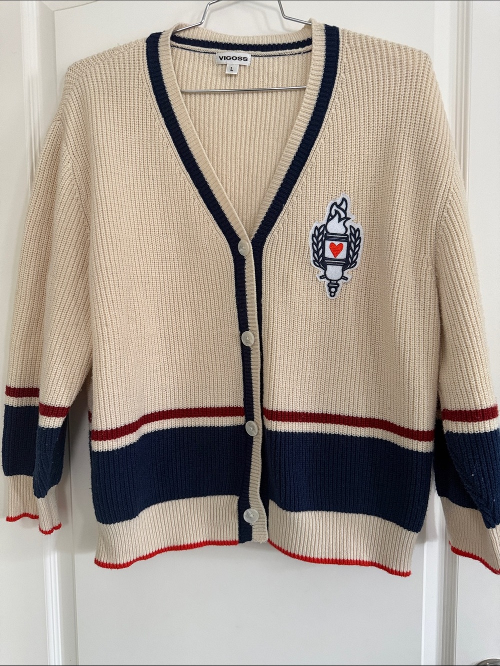 Vigoss Cream Cardigan with Navy & Red Trim and Crest Patch